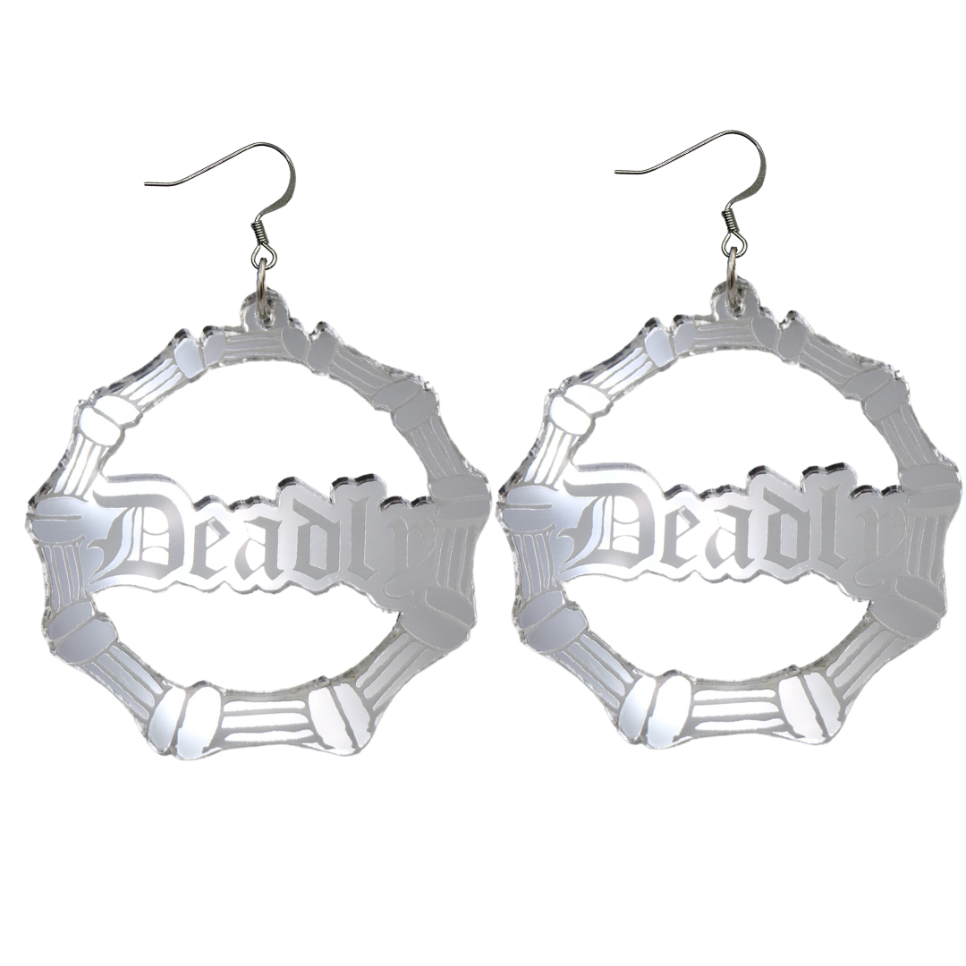 An image of Haus of Dizzy's large silver mirror bamboo hoops with 'Deadly' text in old english font, with hook tops.