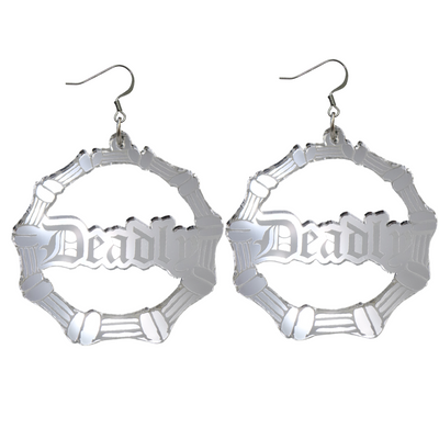 An image of Haus of Dizzy's large silver mirror bamboo hoops with 'Deadly' text in old english font, with hook tops.