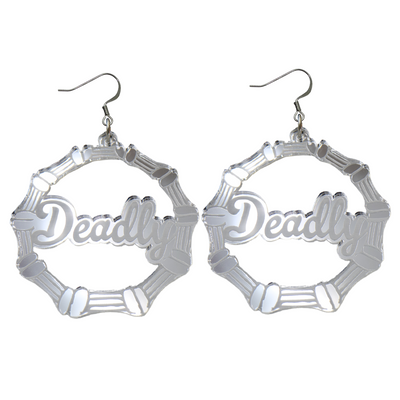 An image of Haus of Dizzy's large silver mirror bamboo hoops with 'Deadly' text in ollie cursive font, with hook tops.