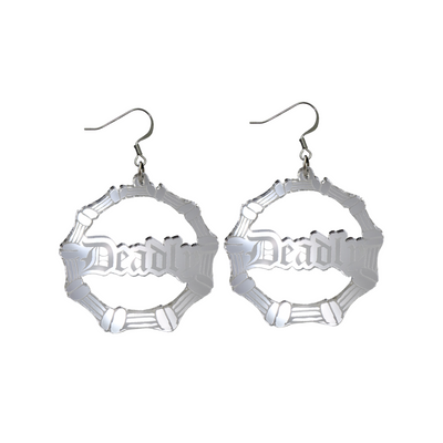 An image of Haus of Dizzy's small silver mirror bamboo hoops with 'Deadly' text in old english font, with hook tops.