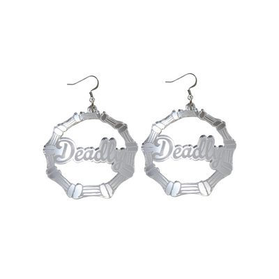 An image of Haus of Dizzy's small silver mirror bamboo hoops with 'Deadly' text in ollie cursive font, with hook tops.