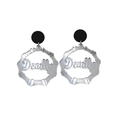 An image of Haus of Dizzy's small silver mirror bamboo hoops with 'Deadly' text in ollie cursive font, with matte black circle tops.