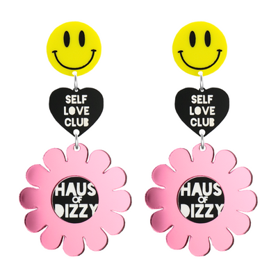 An image of Haus of Dizzy's Smiley Face, Self Love Club heart & a pink mirrored daisy.