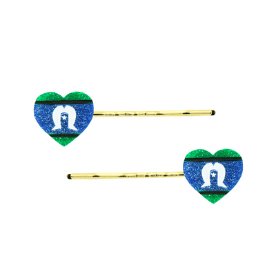 An Image of Haus of Dizzy's Heart Shaped Glitter Torres Strait Islander Flag Hair Pins. Flags are on Gold Pins