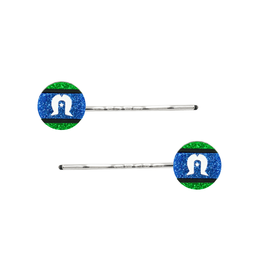 An Image of Haus of Dizzy's Circle Shaped Glitter Torres Strait Islander Flag Hair Pins. Flags are on Silver Pins