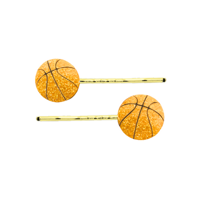  An Image of Haus of Dizzy's Orange Glitter Basketball Hair Pins. Basketballs are on Gold Pins