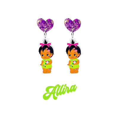 An image of Haus of Dizzy's Dizzy Chicks acrylic dangle earrings, with a doll with short black straight pixie hair in a green one piece playsuit and flower acrylic heart earrings on a purple crinkle glitter heart top. Green Colour "Allira" Cursive Text is at the bottom of the image. 