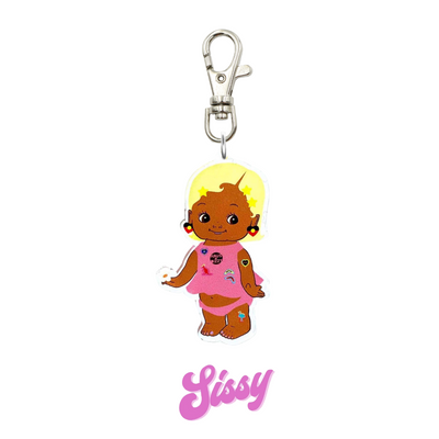 An image of Haus of Dizzy's Dizzy Chicks acrylic keyring, with a doll with Short length Blonde Wavy hair in a Rose Pink colour Playset and Aboriginal Flag earrings on a parrot clasp. Pink Colour "Sissy" Cursive Text is at the bottom of the image.