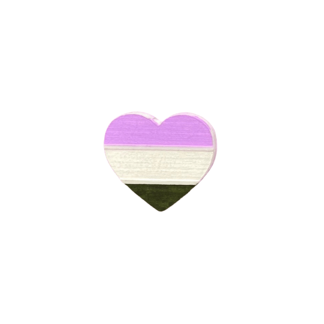 An image of hand painted Gender Queer Pride Flag as an acrylic Heart shaped Brooch