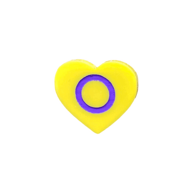 An image of hand painted Intersex Pride Flag as an acrylic Heart shaped Brooch