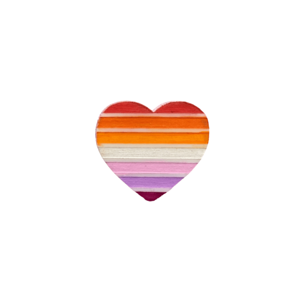 An image of hand painted Lesbian Pride Flag as an acrylic Heart shaped Brooch
