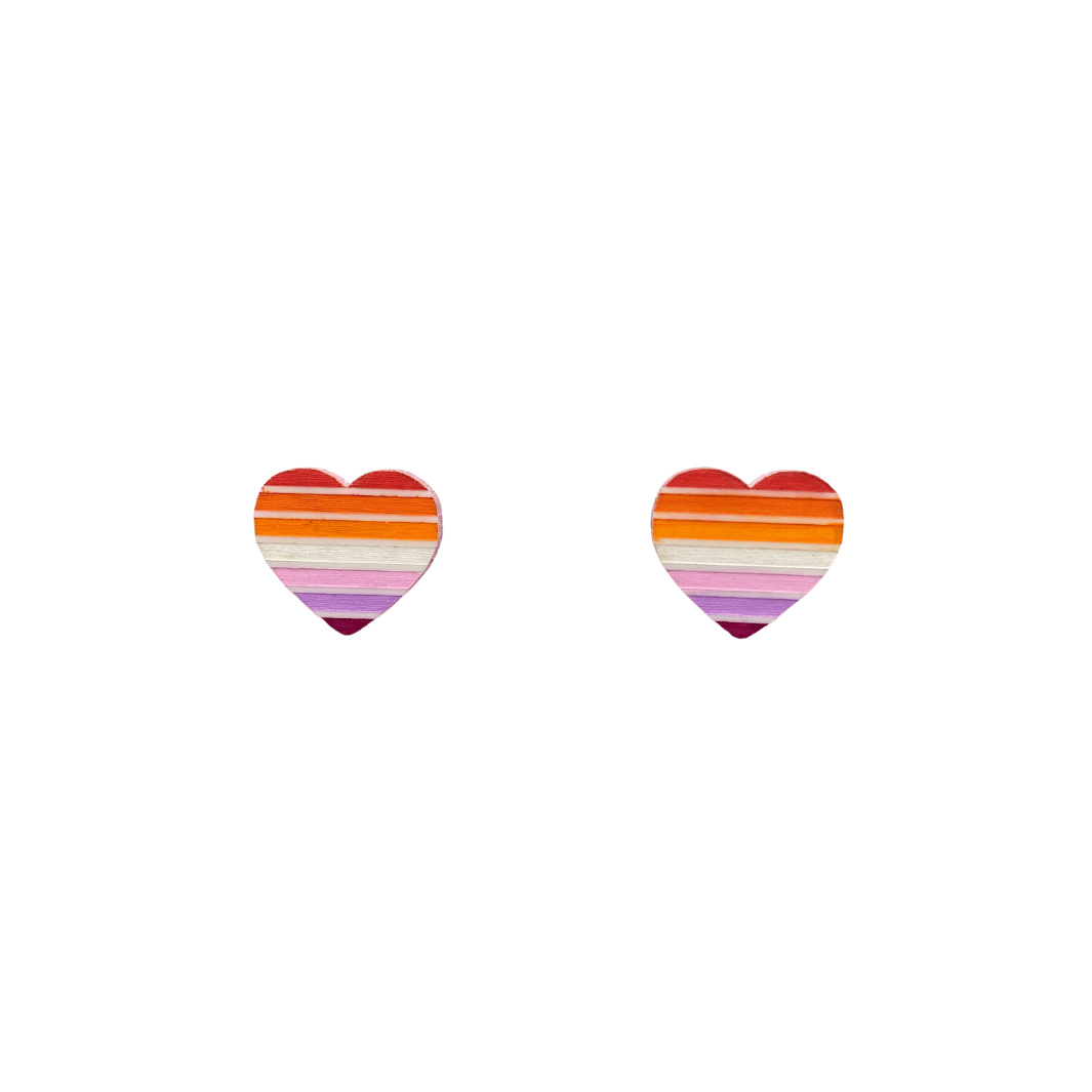 An image of hand painted Lesbian Pride Flag on acrylic Studs