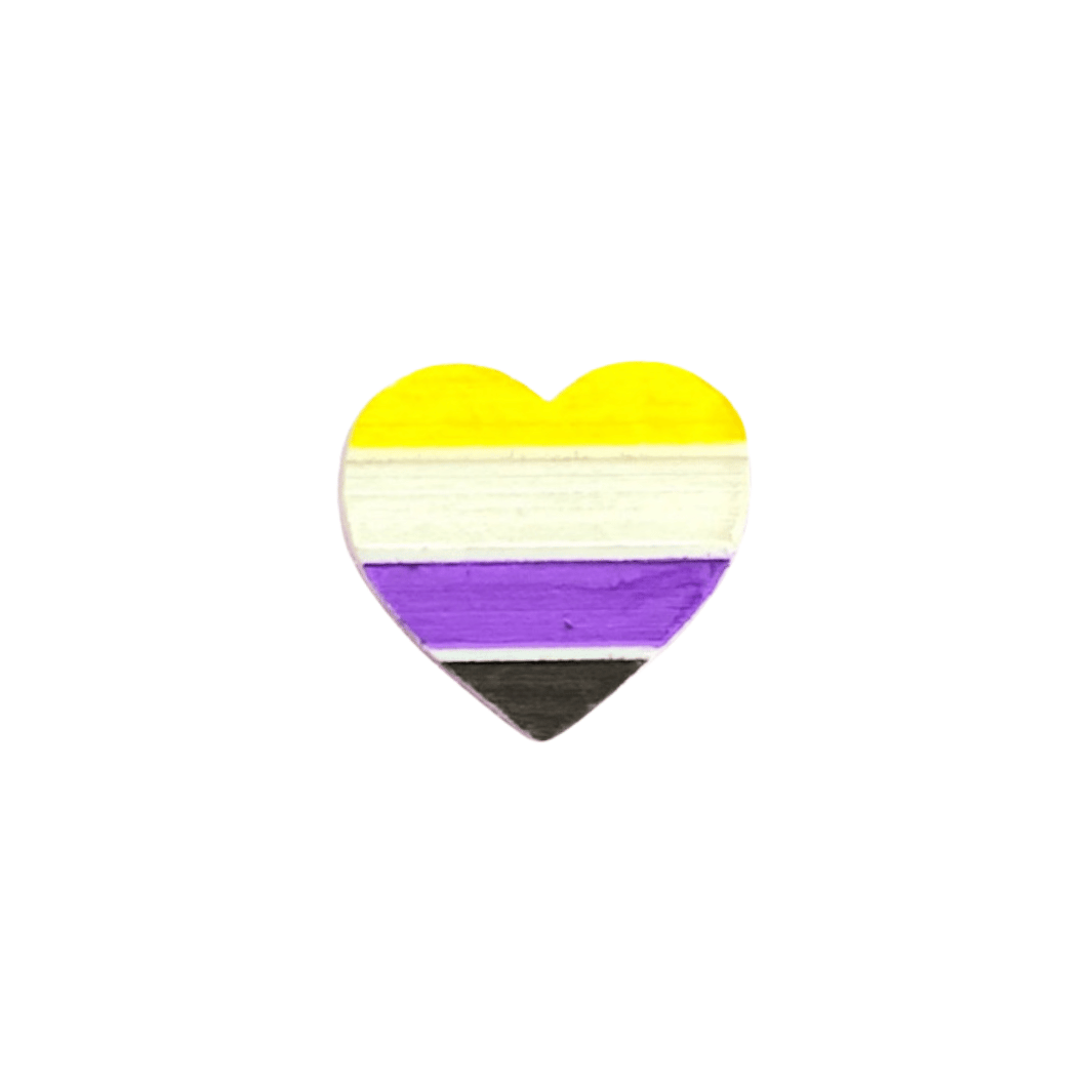 An image of hand painted Non Binary Pride Flag as an acrylic Heart shaped Brooch