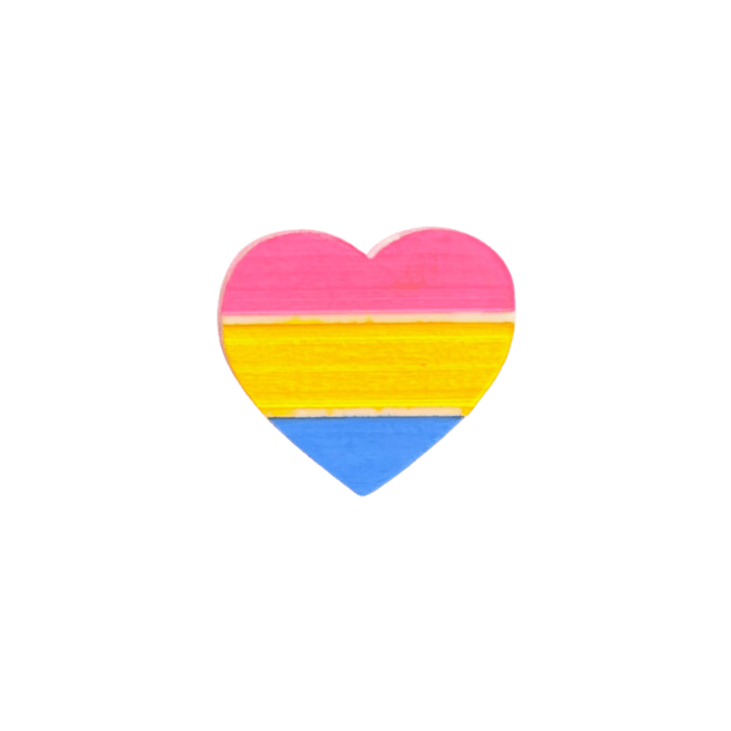 An image of hand painted Pansexual Pride Flag as an acrylic Heart shaped Brooch