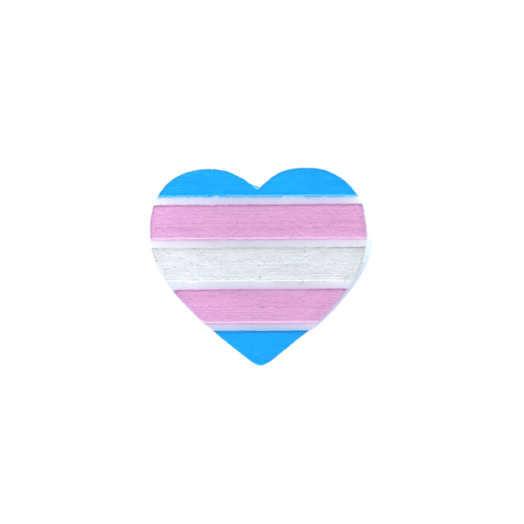 An image of hand painted Transgender Pride Flag as an acrylic Heart shaped Brooch