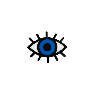 An image of Haus of Dizzy's large ‘Eye See You’ Blue Eye pin, with Black, Blue and White acrylic.