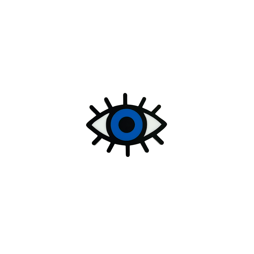 An image of Haus of Dizzy's small ‘Eye See You’ Blue Eye pin, with Black, Blue and White acrylic.
