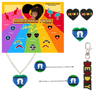 An Image of Haus of Dizzy's Deadly gift pack. Photo includes Torres Strait Islander Flag Necklace, hair pins, badge. Also includes Deadly text keychain and a pair of studs and a sticker collection with flags, boomerangs, kangaroos, and emus.