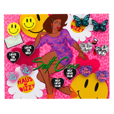 An image of Haus of Dizzy's Self Care Pack. Which includes: Smiley Face Studs_ Love Yo Self Studs_Be Kind Studs_Self Love Club Studs_ Be Brave Sparkle Heart Studs_Beautiful Butterfly studs