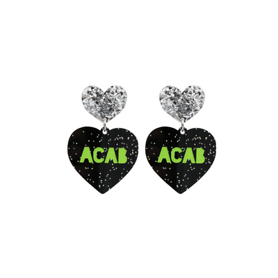 An image of Haus of Dizzy's small ‘ACAB’ heart shaped dangle earrings, with Apple Green “ACAB” text on Black Glitter acrylic and a Silver Glitter heart top.