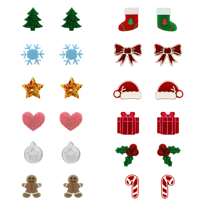 haus of dizzy 12 Days of Christmas stud earring collection. 12 festive tiny studs in a set, including Christmas-themed designs, perfect for stacking or gifting