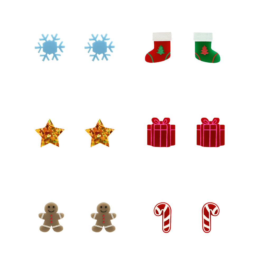 haus of dizzy 12 Days of Christmas stud earring collection. 6 festive tiny studs in a set, including Christmas-themed designs, perfect for stacking or gifting
