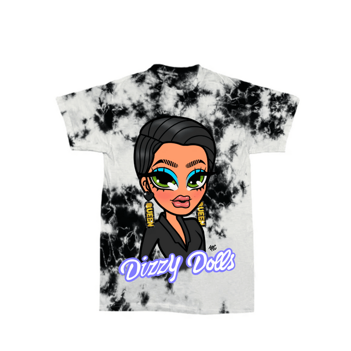 HAUS OF DIZZY Dizzy Doll Tee white and black tie dye shirt. On the shirt is a cartoon drawing of Aurie with sparkly Haus of Dizzy jewellery on, and it is drawn by @tmc.exe on Instagram. under the cartoon character is the text "Dizzy Dolls".