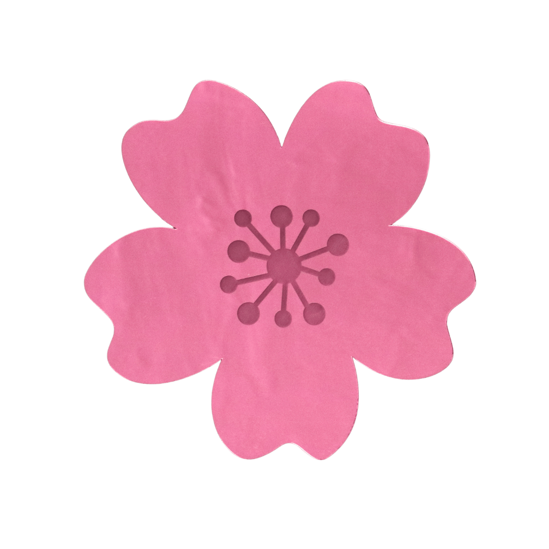Pink mirror cherry blossom wall art by Haus of Dizzy, featuring a five-petal sakura flower shape with etched centre detail.