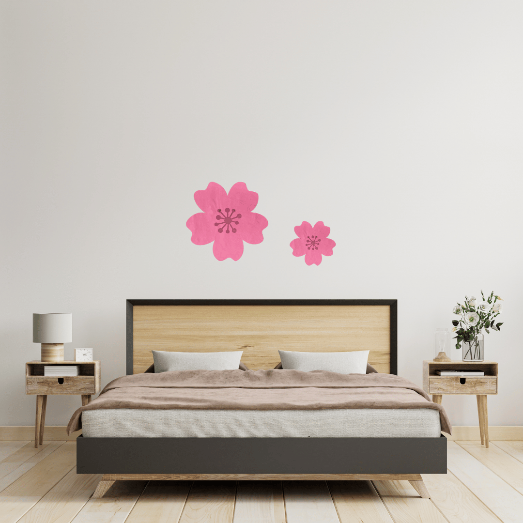 Bedroom with Haus of Dizzy's mirror cherry blossom wall art on a light gray wall.