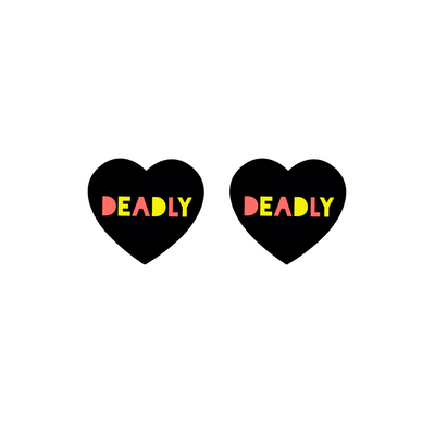 An image of Haus of Dizzy's black acrylic stud earrings with Deadly text in red and yellow.