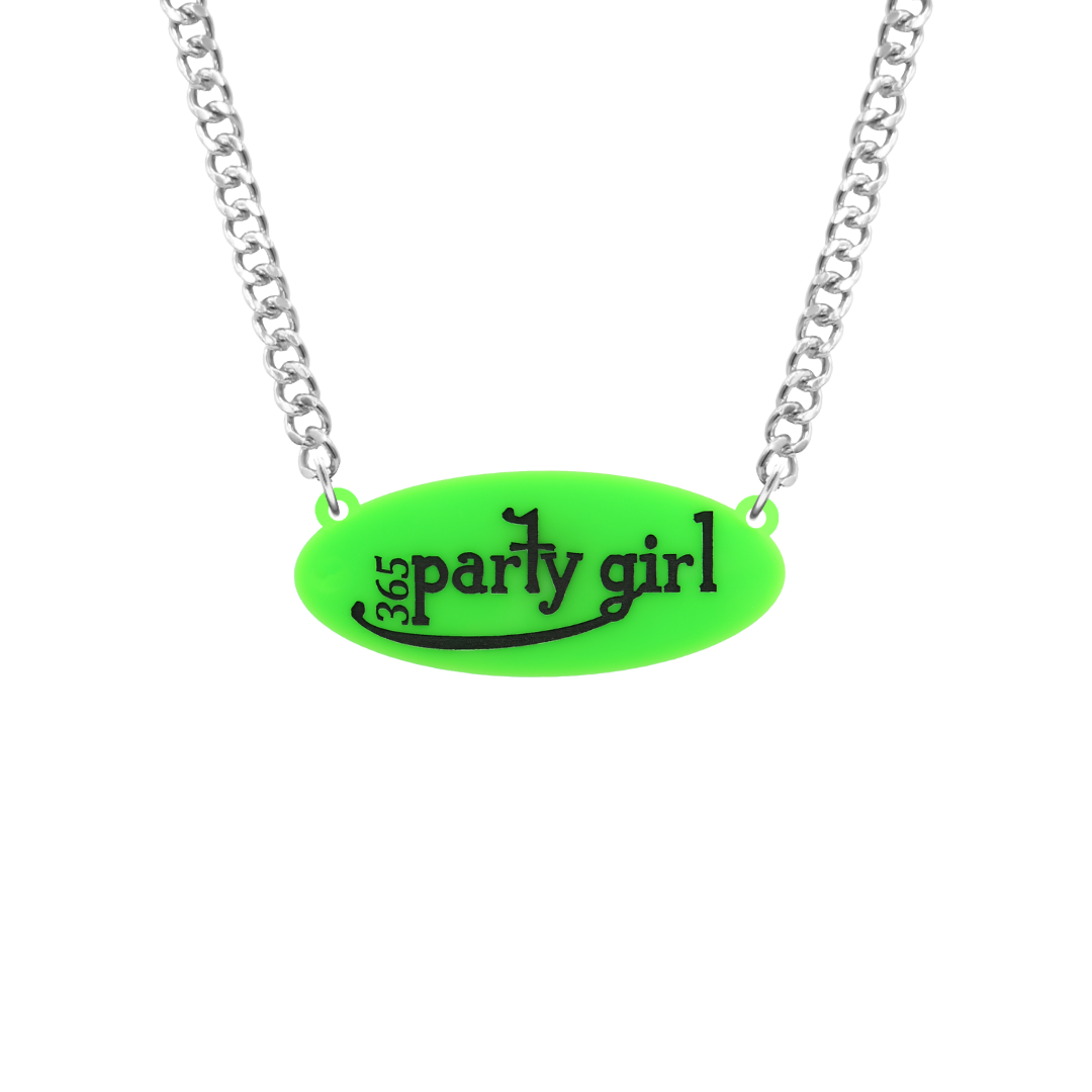 This is an image of Haus of Dizzy's silver chain necklace, which has black “365 party girl” text oval shape on acrylic neon green.  