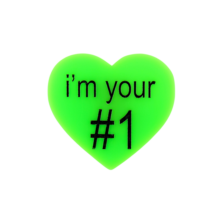 An image of Haus of Dizzy's small I’m your number one heart shaped pin, with i’m your #1 black text on neon green acrylic.