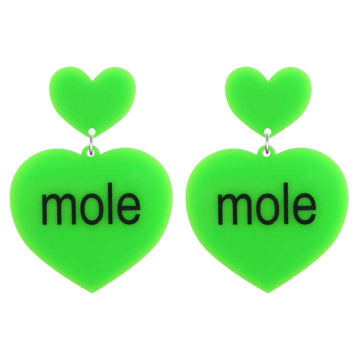 An image of Haus of Dizzy's largel Brat Summer mole heart shaped dangle earrings, with mole text on neon green acrylic and a neon green heart top.