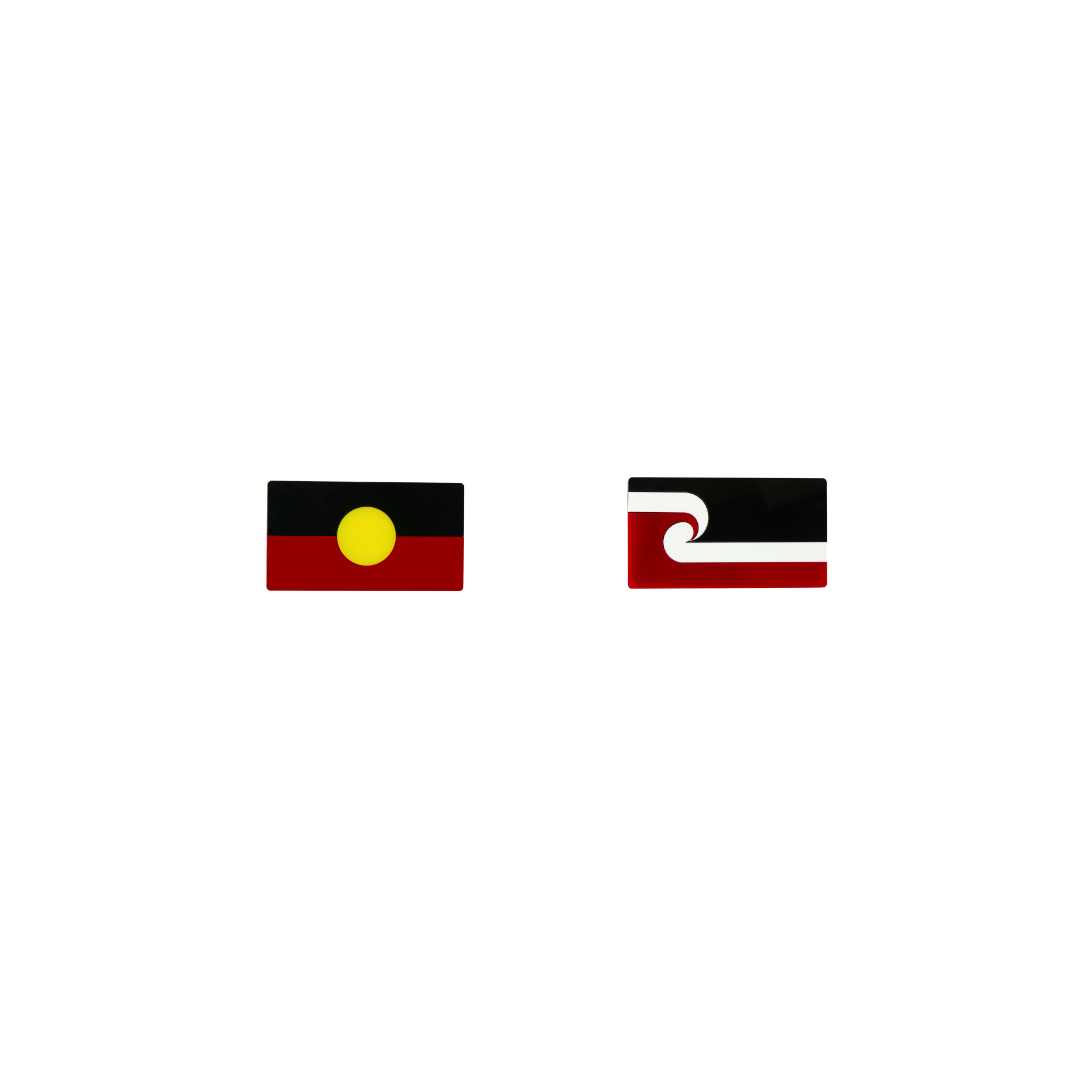 An image of Haus of Dizzy's 'First Nations Pride' Aboriginal flag and Maori flag, Rectangle shaped earring studs, on black, yellow, red and white gloss acrylic. 