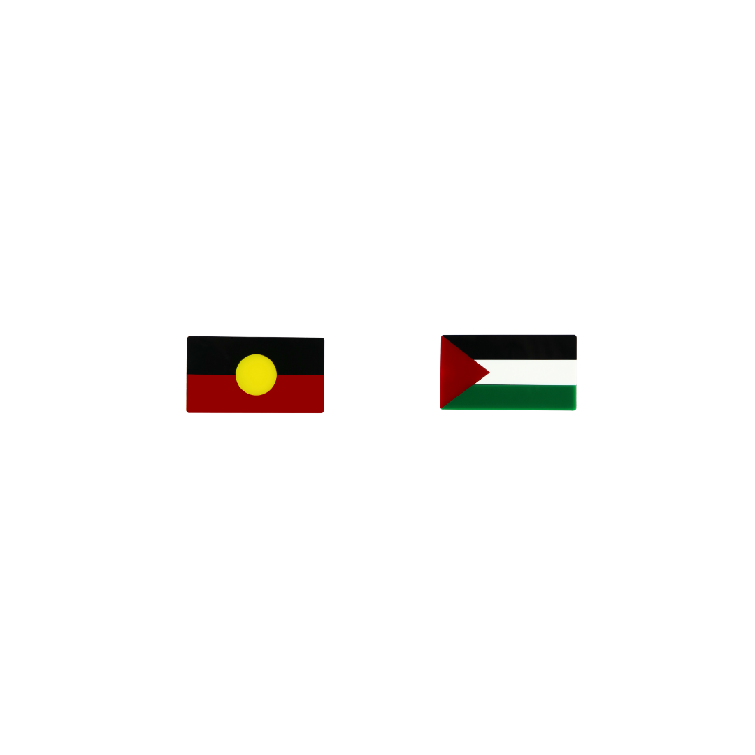 An image of Haus of Dizzy's 'First Nations Pride' Aboriginal flag and Palestine flag, Rectangle shaped earring studs, on black, yellow, red, green and white gloss acrylic. 