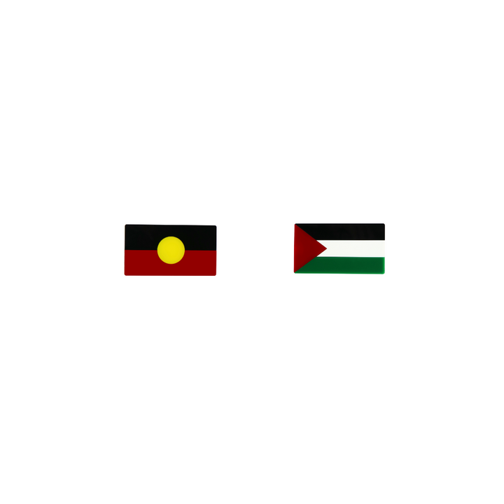 An image of Haus of Dizzy's 'First Nations Pride' Aboriginal flag and Palestine flag, Rectangle shaped earring studs, on black, yellow, red, green and white gloss acrylic. 