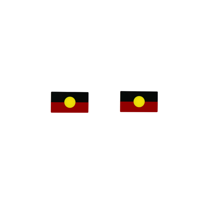An image of Haus of Dizzy's 'First Nations Pride' Aboriginal flag, Rectangle shaped earring studs, on black,yellow and red gloss acrylic.
