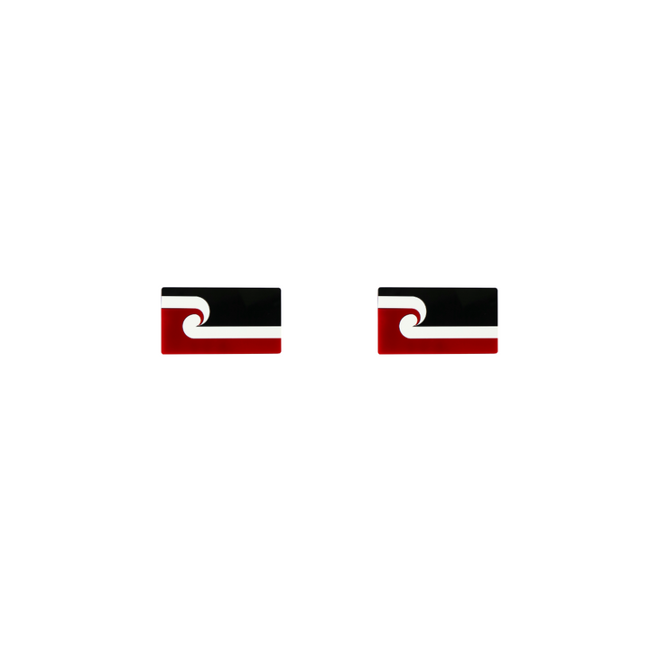 An image of Haus of Dizzy's 'First Nations Pride' Maori flag, Rectangle shaped earring studs, on red, white and black, gloss acrylic.