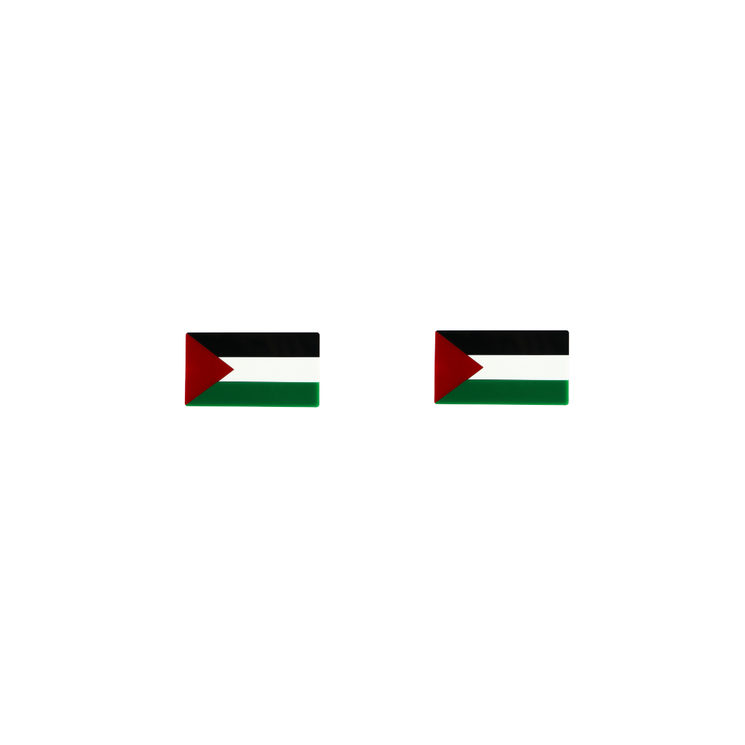 An image of Haus of Dizzy's 'First Nations Pride' Palestine flag, Rectangle shaped earring studs, on  black, red, white and green gloss acrylic.
