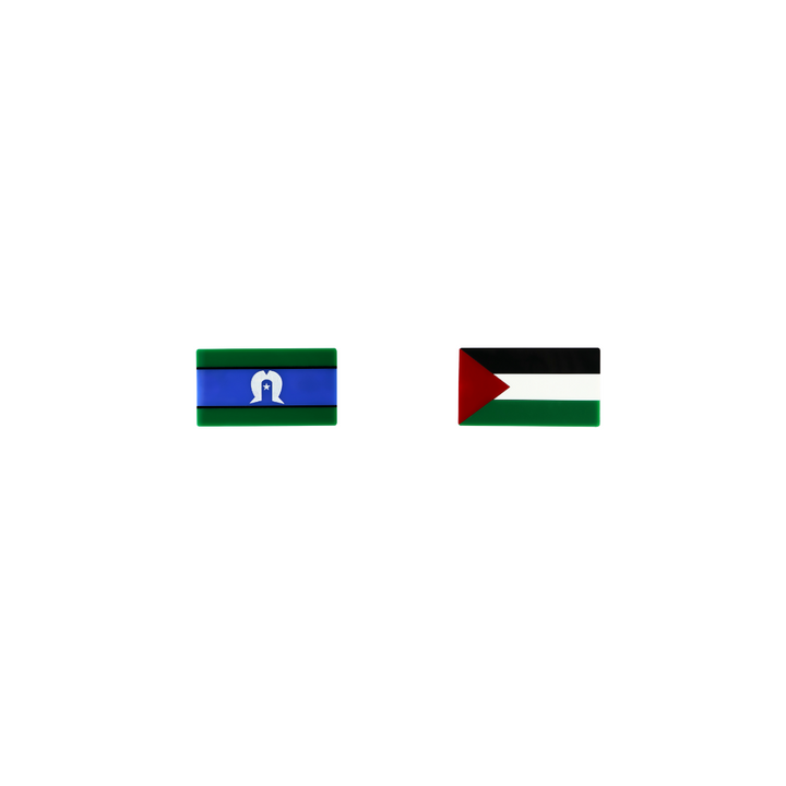 An image of Haus of Dizzy's 'First Nations Pride'  Torres Strait Islander flag and Palestine flag, Rectangle shaped earring studs, on green, blue, black, red and white gloss acrylic with red and white paint fill.