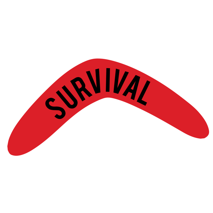 Red boomerang with 'SURVIVAL' text on a white background