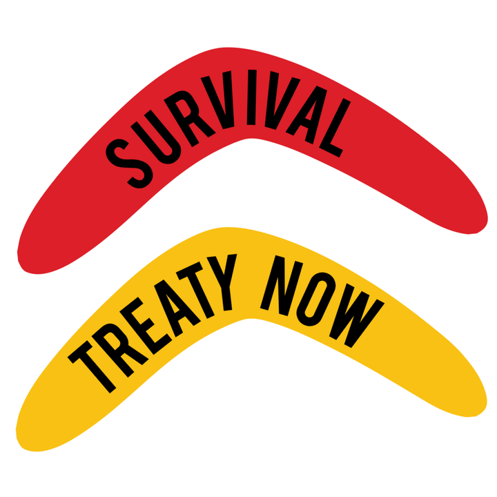 Red and yellow boomerangs with 'SURVIVAL' and 'TREATY NOW' text on a white background