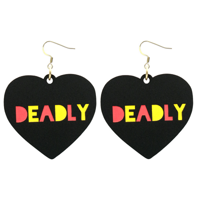 An image of Haus of Dizzy's large black acrylic dangle earrings with Deadly text in red and yellow, with a hook top.