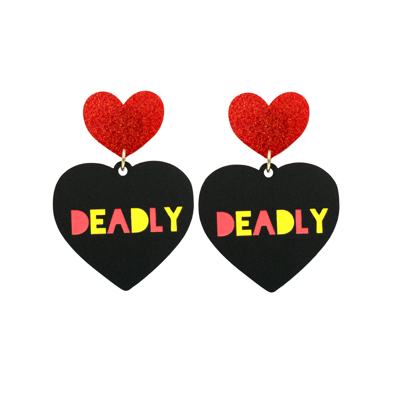 An image of Haus of Dizzy's small black acrylic dangle earrings with Deadly text in red and yellow, and a red glitter heart top.