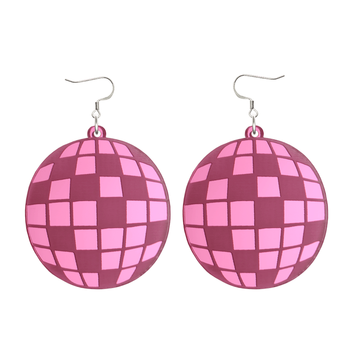haus of dizzy pink mirror acrylic disco ball earrings with silver hooks on a white background size large