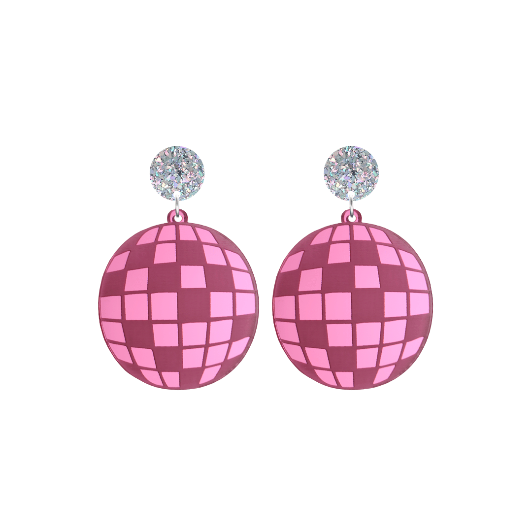 haus of dizzy pink mirror acrylic disco ball earrings with silver glittery tops on a white background size small