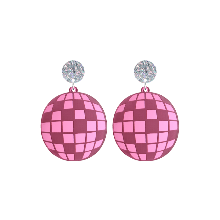 haus of dizzy pink mirror acrylic disco ball earrings with silver glittery tops on a white background size small
