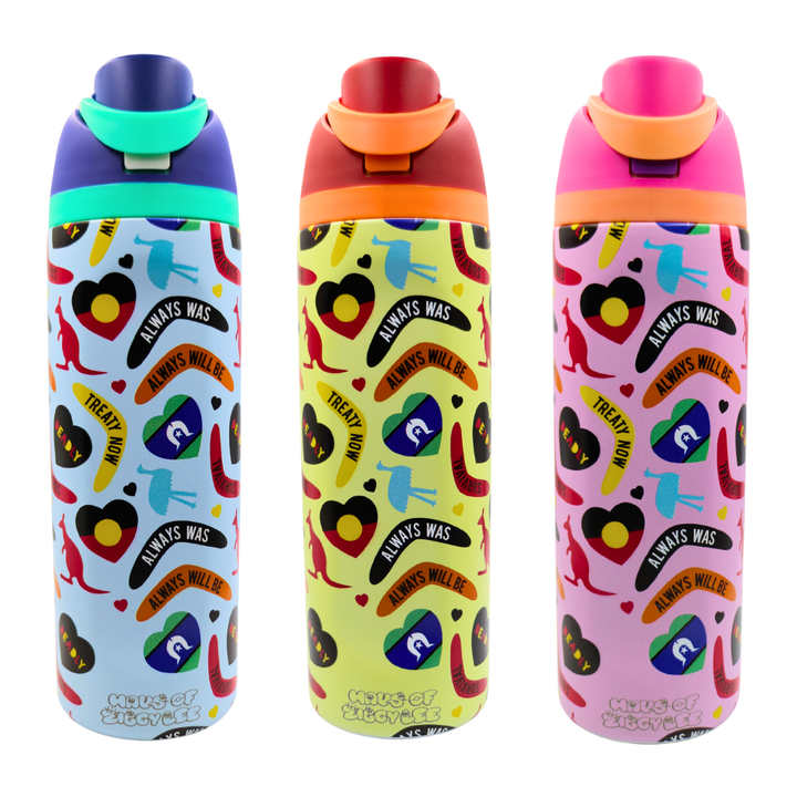 The front view of three Haus of Ziggy Lee ‘icon bottles’ on a white background in icon blue, icon yellow and icon pink with a laser etched Haus of Ziggy Lee logo in silver. 