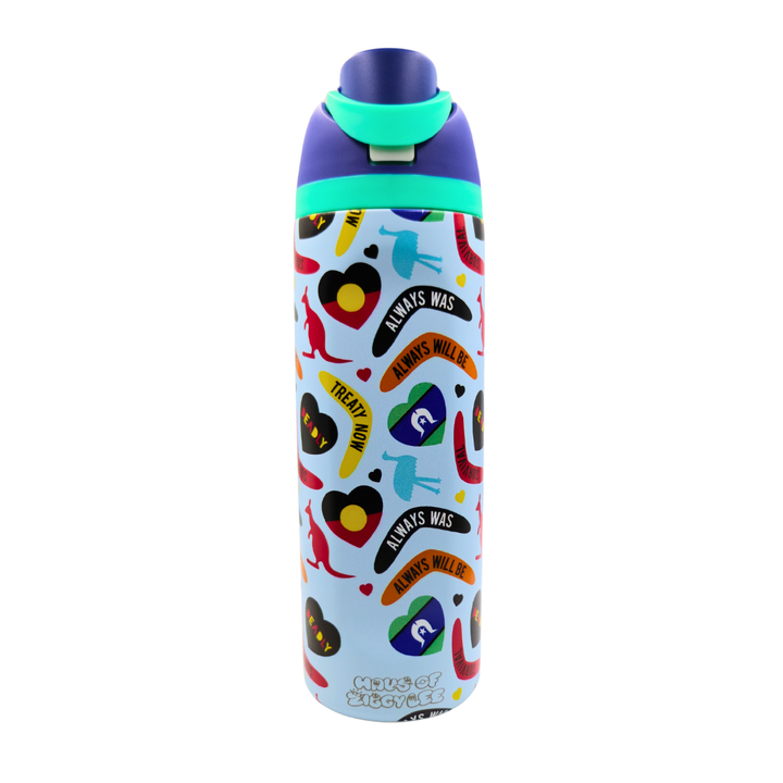 Haus of Ziggy Lee ‘icon bottle’ in icon blue with a pink, aqua, white and navy lid with a laser etched Haus of Ziggy Lee logo in silver on a white background.