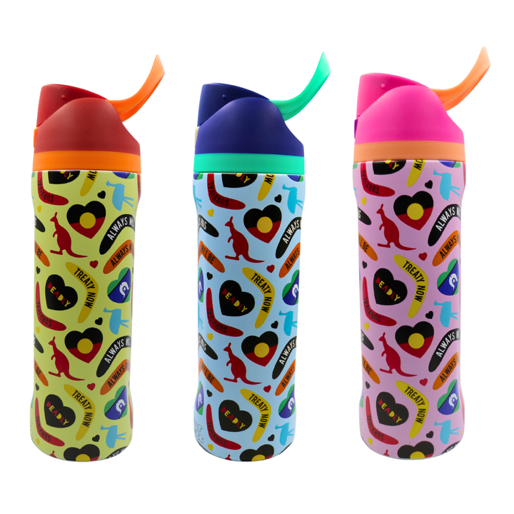 The side view of three Haus of Ziggy Lee ‘icon bottles’ in icon blue, icon yellow and icon pink showing the handle on the lid on a white background.